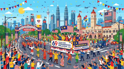 Vibrant city parade celebrating national independence and unity with joyous crowds, colorful flags, and iconic urban architecture under a festive sky