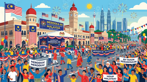 Joyful national independence celebration in a vibrant Southeast Asian city, with a grand parade featuring diverse crowds, historical landmarks, and modern urban skyline