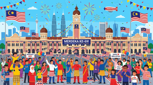 Celebration of Malaysian Independence Day with diverse crowd waving flags and enjoying fireworks against a backdrop of iconic landmarks and festive decorations