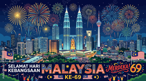 Vibrant National Day Celebration with Spectacular Fireworks Illuminating an Iconic City Skyline at Night, a Proud Moment for Malaysia's Anniversary