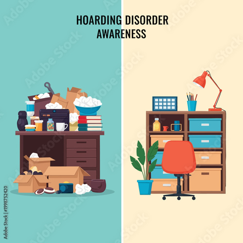Hoarding disorder awareness concept with cluttered and organized spaces for comparison.