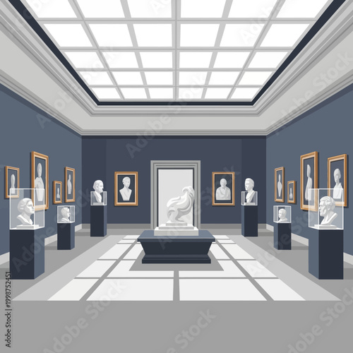 Museum interior with sculptures and paintings, art gallery illustration.