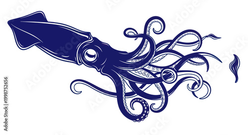 Detailed squid with tentacles swimming fast.