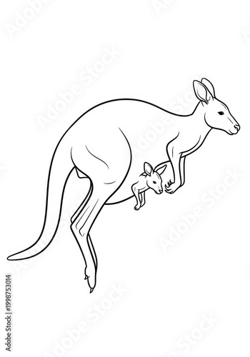 Line Drawing of a Mother Kangaroo with Joey in Pouch.