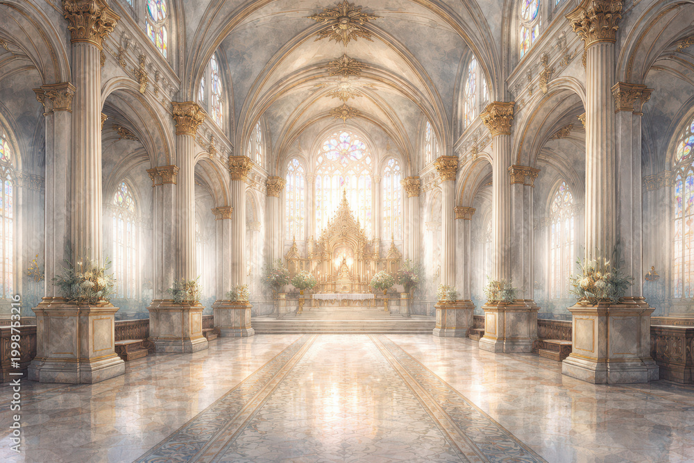 Fototapeta premium A grand, illuminated interior of a cathedral with ornate architecture.