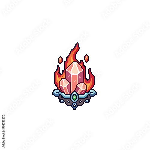 A vibrant pixel art illustration of glowing pink crystals resting on an ornate metal base, surrounded by flickering orange and red magical flames.