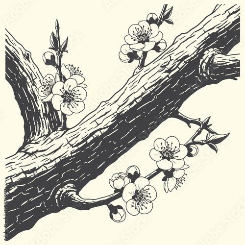 Close-up illustration of blooming cherry blossoms on a branch with cherry blossom line art blooming botanical illustration engraving delicate artistic background close-up traditional