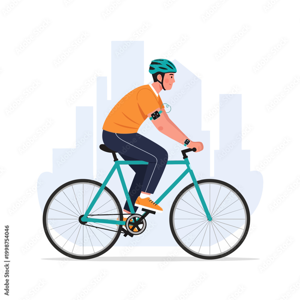 Naklejka premium Man riding a bicycle in the city, enjoying a healthy lifestyle.