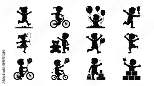 Collection of 12 black vector silhouettes of children playing and having fun in various activities