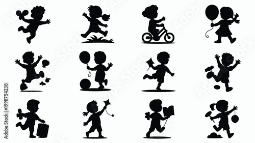 Collection of modern children's day silhouettes kids playing and having fun in various activities