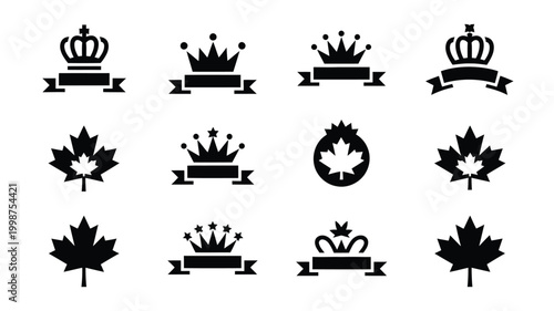 Collection of twelve black vector emblems featuring canadian maple leaves and royal crowns with banners representing national symbols monarchy and heraldry isolated on white