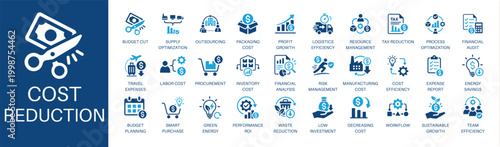Cost reduction and finance solid icon set. Symbols for budget, optimization, and expense control. Editable vector design for business strategy and workflow.