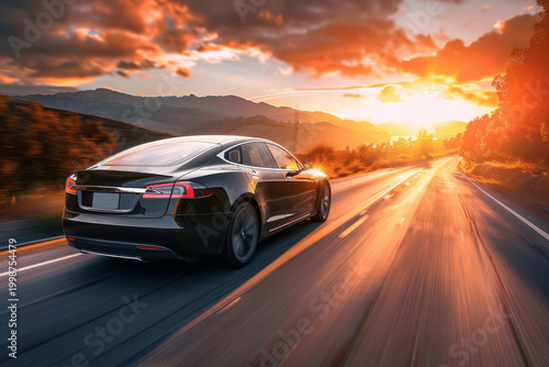 Black electric vehicle speeds along a winding mountain highway under a dramatic sunset sky. Modern luxury, sustainability, and high-performance automotive design in eco-friendly road trip adventure.