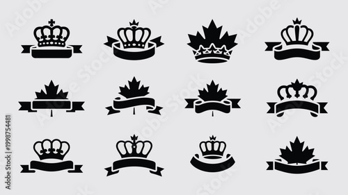 Collection of twelve premium royal crowns and canadian maple leaf emblems with ribbons isolated vector icons representing monarchy national symbols and heraldry for design projects