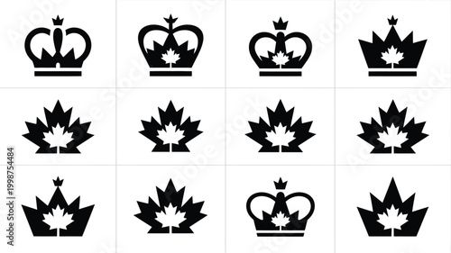 Collection of twelve bold flat vector logo icons featuring stylized crowns and canadian maple leaves in black and white representing royalty national identity and authority