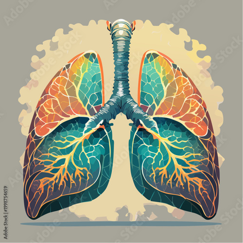 Anatomy of Breath: An intricate, artistic illustration showcases the vibrant structure of the human lungs and airway, symbolizing life's fundamental process.