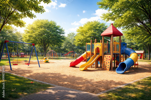 Colorful playground with slides and swings in a sunny park.