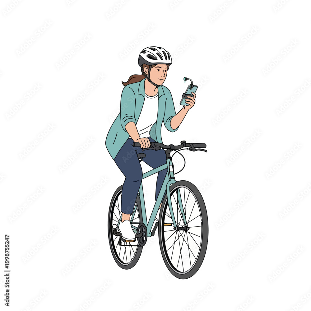 Naklejka premium Woman riding a bicycle while looking at her smartphone with a smile.