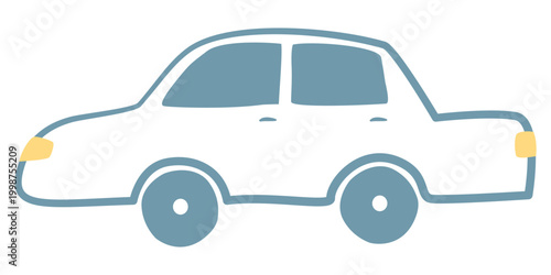 Simple flat style sedan car with rounded body and minimal detailing in side view.