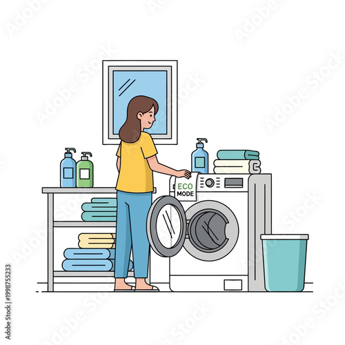 Woman doing laundry in a modern laundry room with washing machine and supplies.