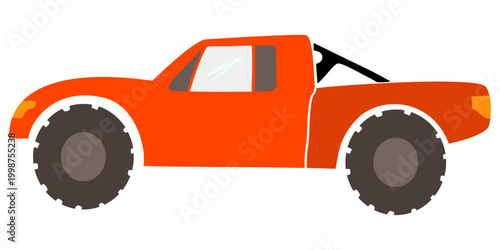 Bright orange off-road pickup truck with large tires and rugged design in flat illustration style.