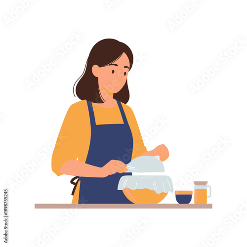 Woman preparing a fermented drink, kombucha, in a kitchen setting, vector illustration.