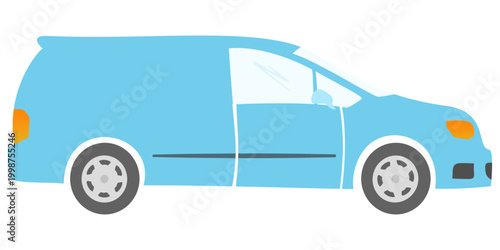 Flat style side view of a blue minibus with simple geometric shapes and minimal detailing.