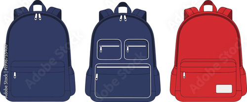 Vector illustration of three versatile backpacks in different colors and designs, perfect for school, travel, or everyday adventures, representing essential student and journey luggage