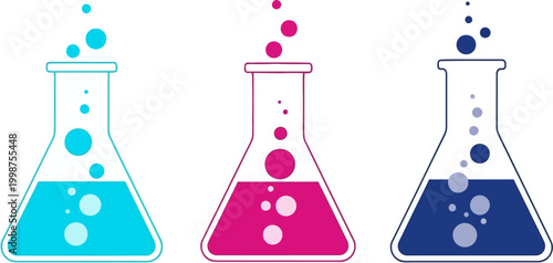 Vibrant chemical reactions illustrated in three distinct laboratory flasks, showcasing dynamic liquid mixing and scientific experimentation with colorful bubbling solutions for research and education