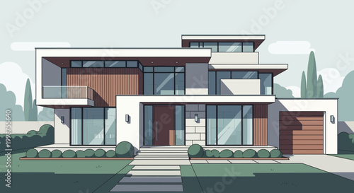 Modern Luxury House Exterior Design, Contemporary Architecture, Flat Illustration Style