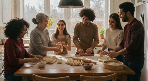 多世代の家族と友人が明るいキッチンに集い温かい光が差し込む中で共にパン生地をこねる心温まる情景笑顔と笑い声が満ちあふれ協力しながら料理を楽しむかけがえのない瞬間居心地の良い空間で絆を深め豊かな思い出を作る様子が穏やかに描写されている. AI Generated
