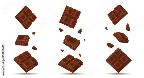 Chocolate Bar Pieces Falling and Breaking, Isolated on White Background