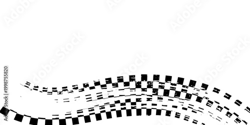 Grunge racing flag pattern with a distressed texture in black and white. Tire track with diagonal checkered design for motorsport themes, banners, graphics overlays. Abstract vector illustration.
