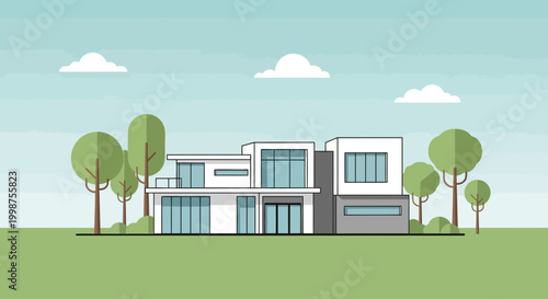 Modern Luxury House Exterior with Trees and Sky - Flat Design