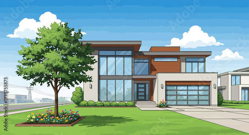 Modern Luxury House Exterior with Large Windows, Garage, and Green Lawn