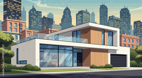 Modern Luxury House with City Skyline Background