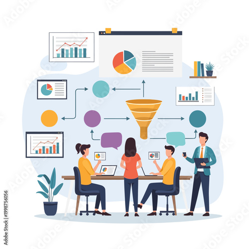 Business team working on a sales funnel and data analysis for marketing.