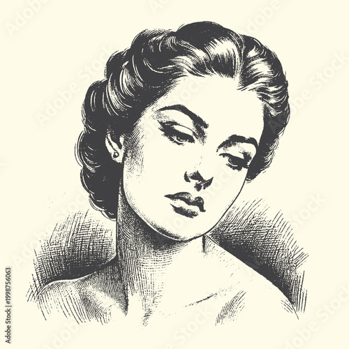 Vintage woman portrait drawing with elaborate hairstyle old fashioned black and white portrait illustration monochrome hairstyle elegance dramatic eyeliner expression feminine shoulders