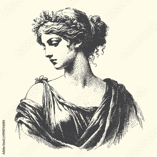 Classical woman portrait sculpture sketch with fine art black and white classical sculpture portrait illustration renaissance mythology feminine graceful dignified peaceful hairstyle
