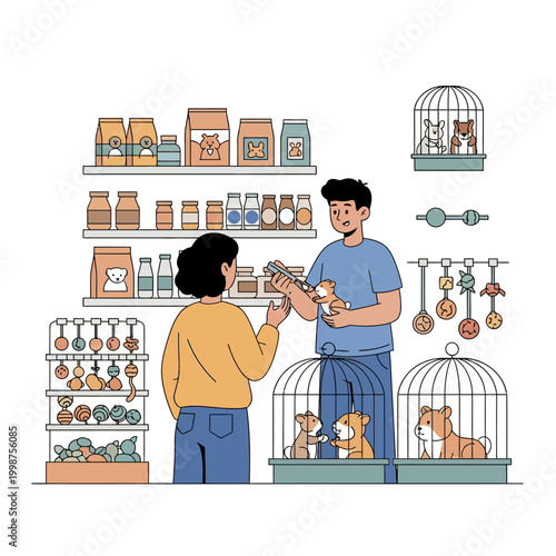 Customer purchasing a puppy at a pet store with various supplies and cages.