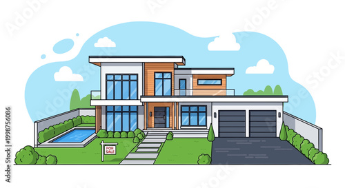 Modern Luxury House with Pool and Garage, For Sale Sign, Suburban Landscape