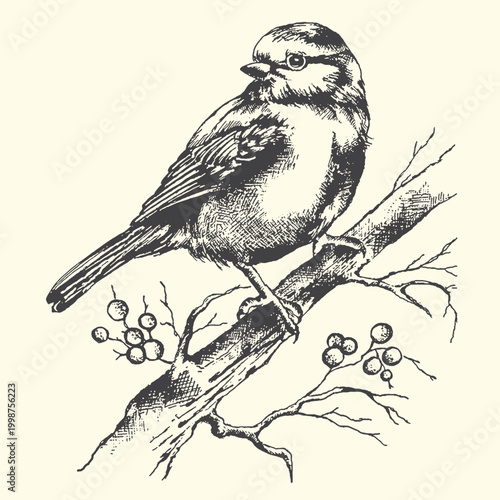 Small bird perched on a tree branch with berries wildlife ornithology outdoors woodland illustration engraving monochrome songbird titmouse environment