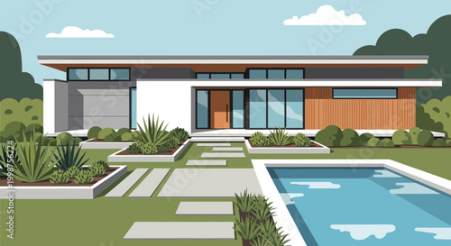 Modern Luxury House with Swimming Pool and Landscaped Garden, Flat Design
