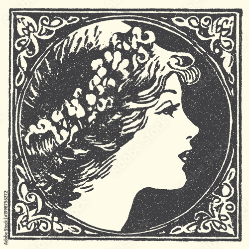 Art nouveau profile of a woman with flowers in her hair illustration engraving decorative beautiful feminine portrait hairstyle botanical monochrome lithograph