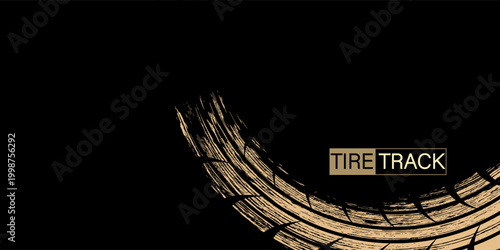Tire track text and grunge trace gold pattern vector illustration. Abstract print texture on road from rubber wheel of transport vehicles, trail design element of curve shape on black background