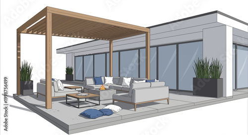 Modern Outdoor Living Space with Pergola and Contemporary Furniture