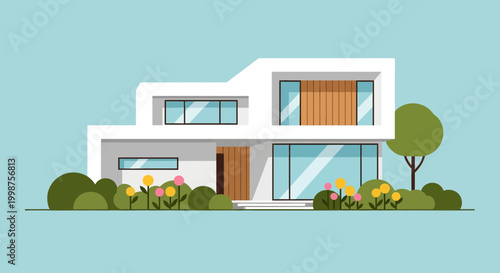 Modern White House Exterior with Landscaping and Green Tree