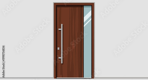 Modern Wooden Front Door with Glass Panel and Stainless Steel Handle