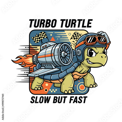 Cartoon turbo turtle character wearing a racing pilot helmet and a jet engine on its back.