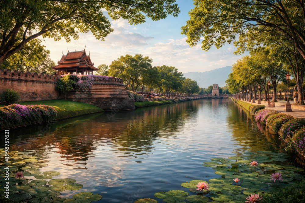 Obraz premium Serene canal landscape with ancient architecture and lush greenery under a soft sky.